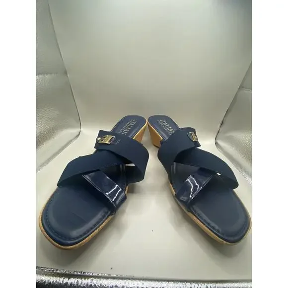 Italian Shoemakers Woman 10 Blue Elastic Straps Wedge Sandals Slide Slip On - Picture 1 of 9